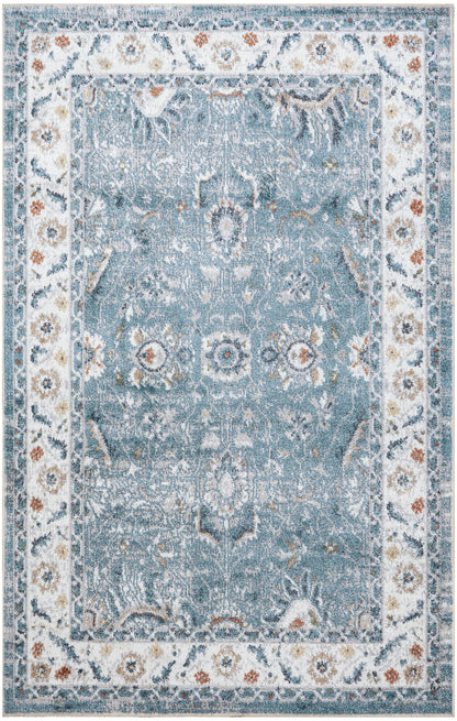 Blue vintage-style oriental rug with distressed light blue field and ornate ivory floral border accented in beige and rust.