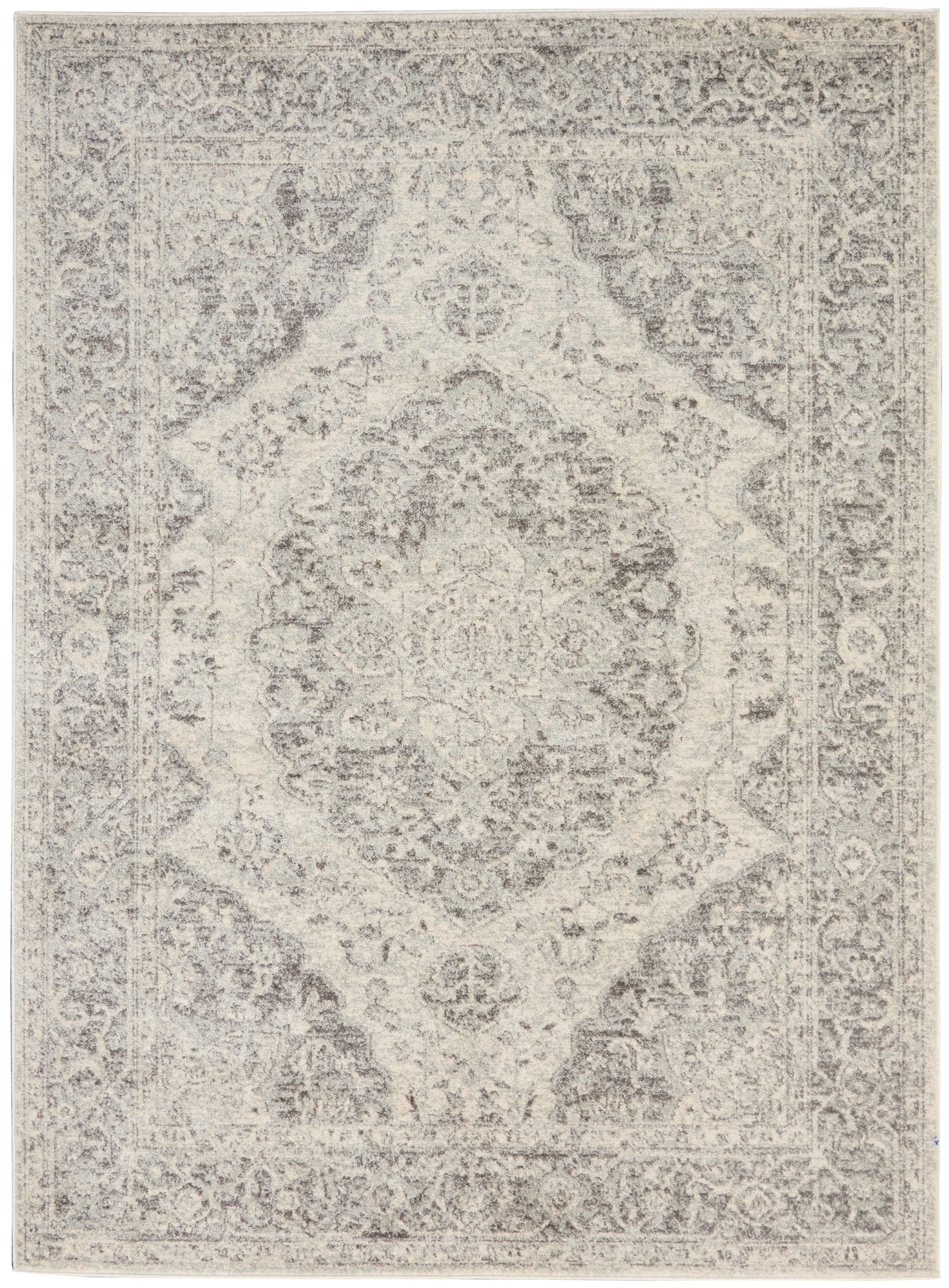 Ivory & gray distressed Persian-style rug with ornate central medallion & decorative border.