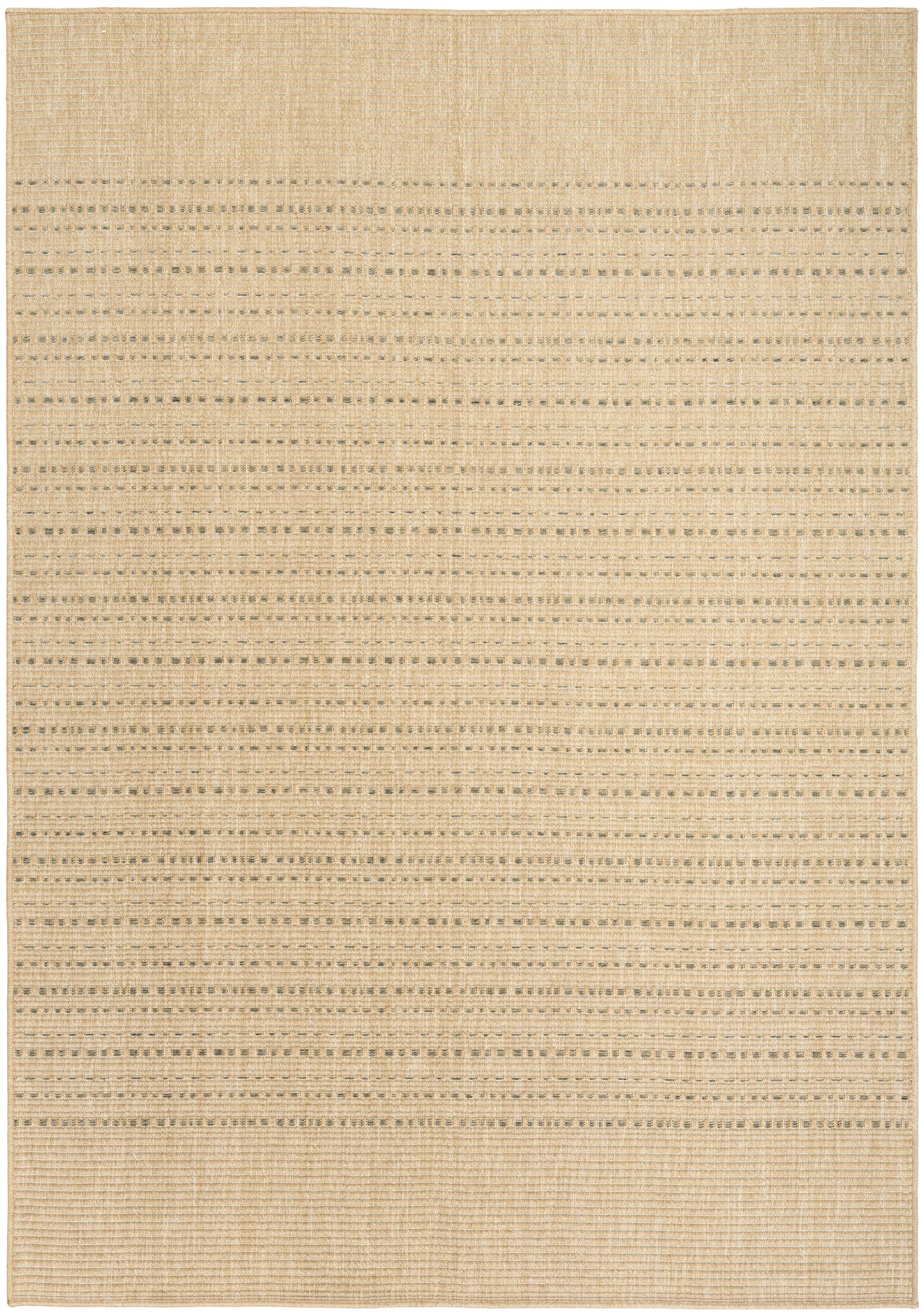 Beige woven rug with subtle gray dotted horizontal stripes and a textured bottom border; natural fiber look.