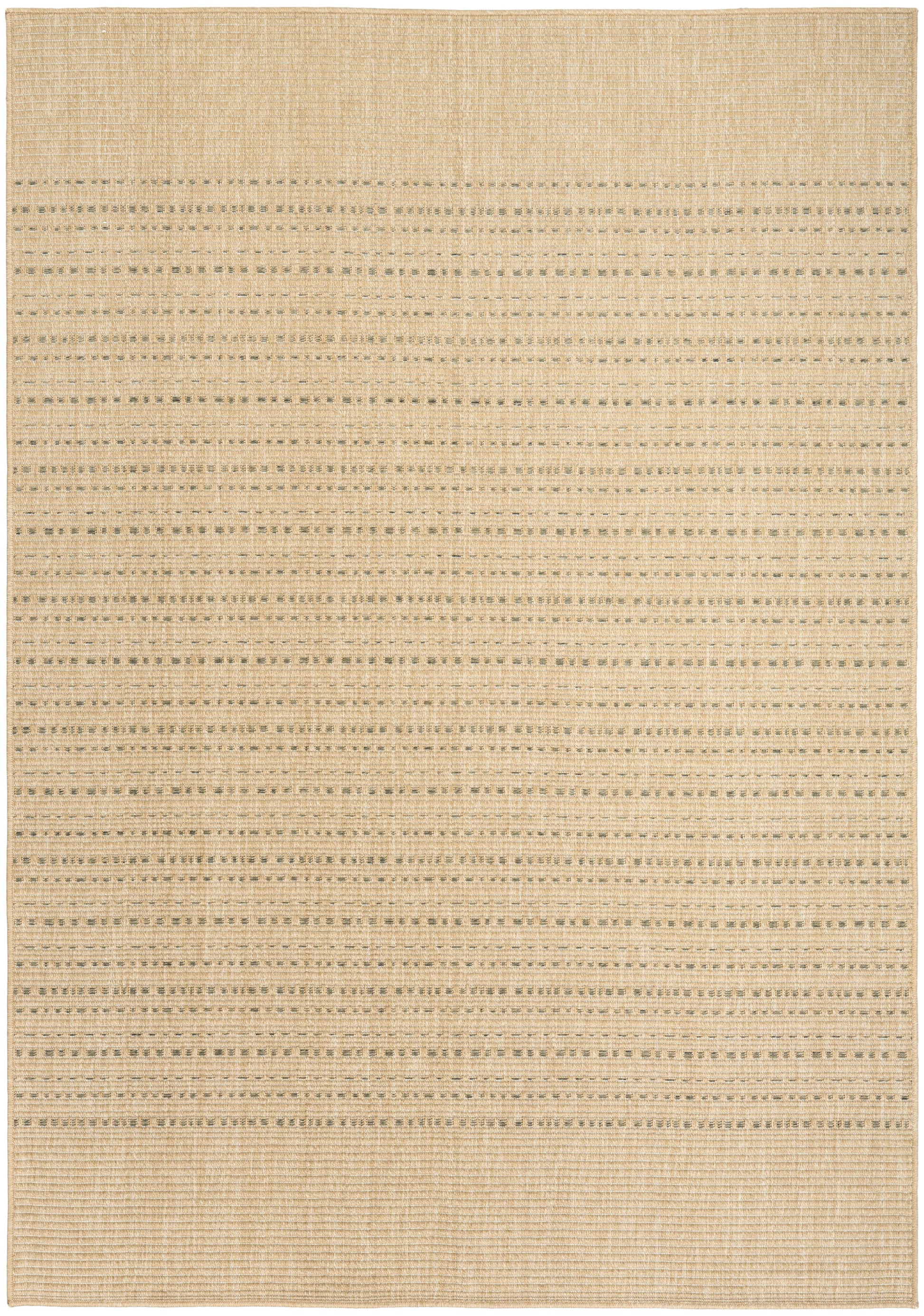 Beige woven rug with subtle gray dotted horizontal stripes and a textured bottom border; natural fiber look.