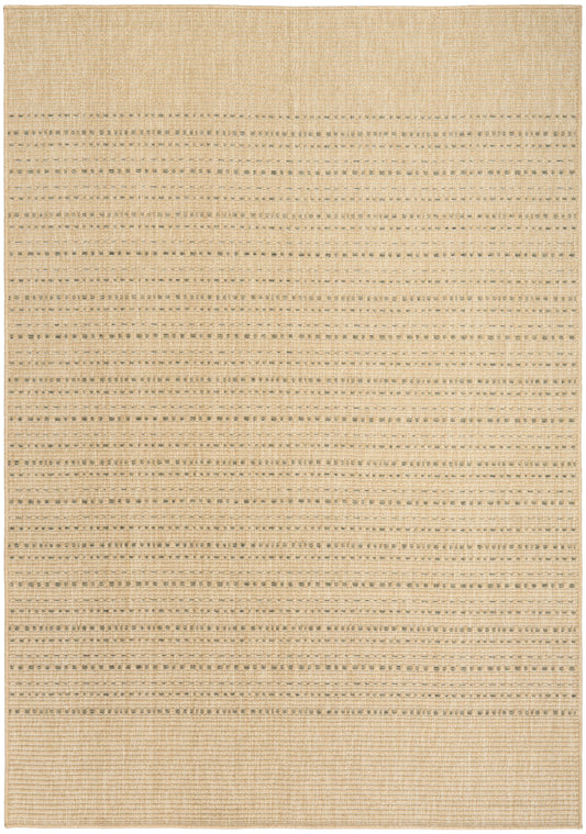 Beige flat-weave rug with subtle gray dotted stripes across the center and solid border bands at top and bottom.