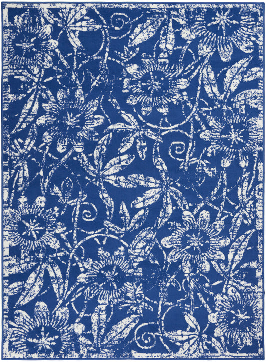 Blue background with white ornate floral damask pattern and twisting vines; bordered decorative textile.