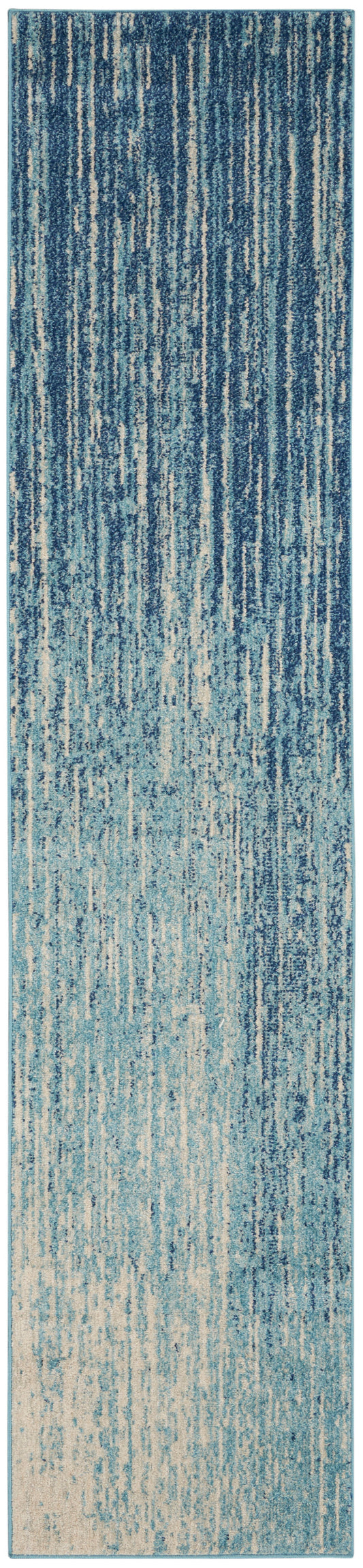 Blue-toned abstract striped runner rug with vertical brushstroke pattern and textured pile.