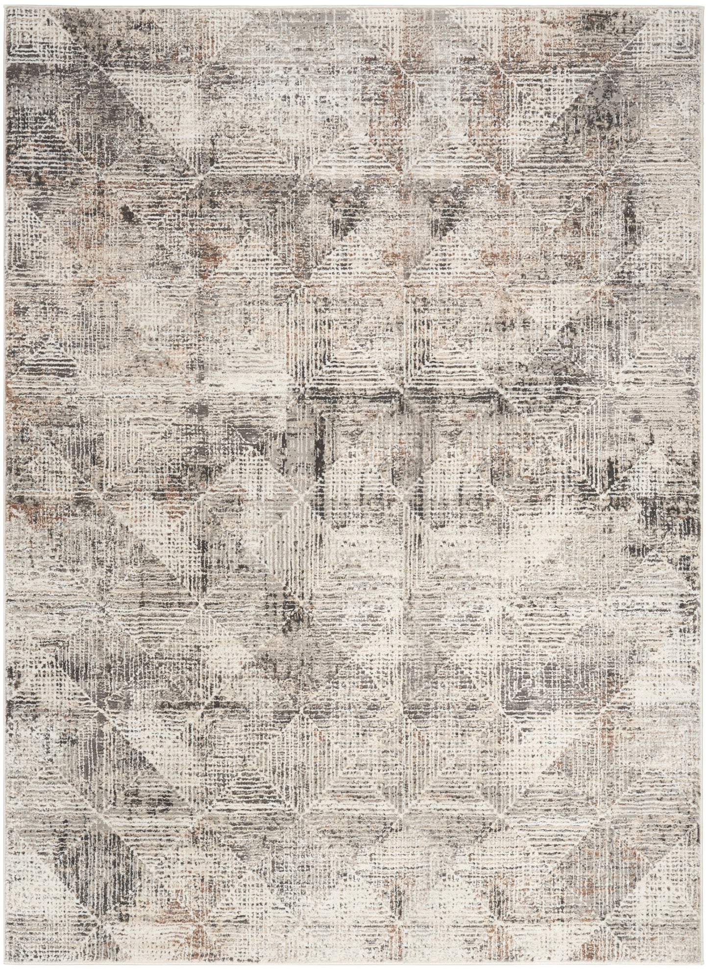 Distressed geometric area rug in neutral gray, beige and taupe with diamond/triangle motifs and faded texture.