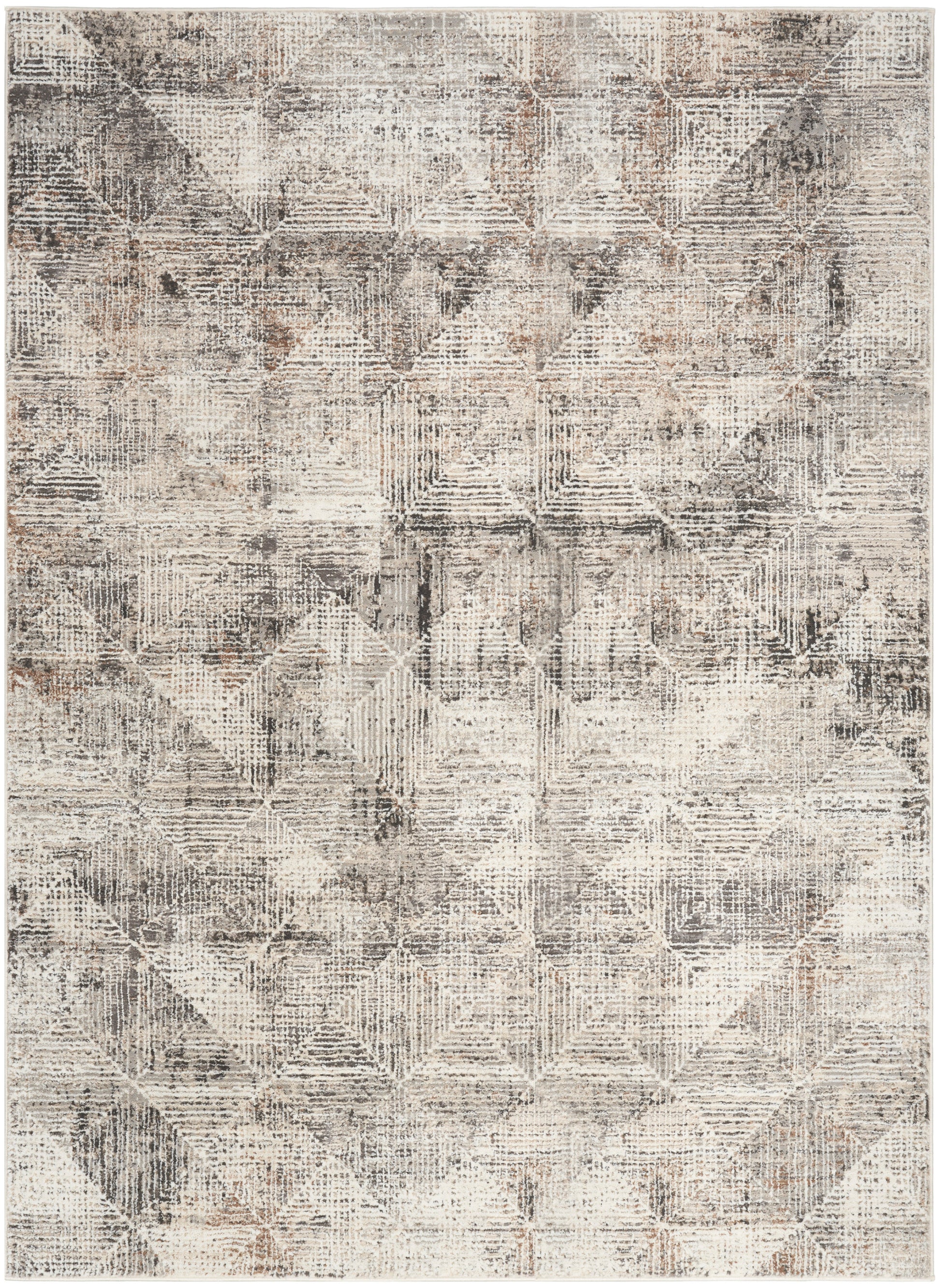 Distressed geometric area rug in neutral gray, beige and taupe with diamond/triangle motifs and faded texture.