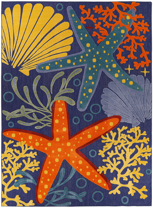Decorative coastal rug featuring bright orange starfish, teal starfish, yellow coral, seaweed on a navy background.