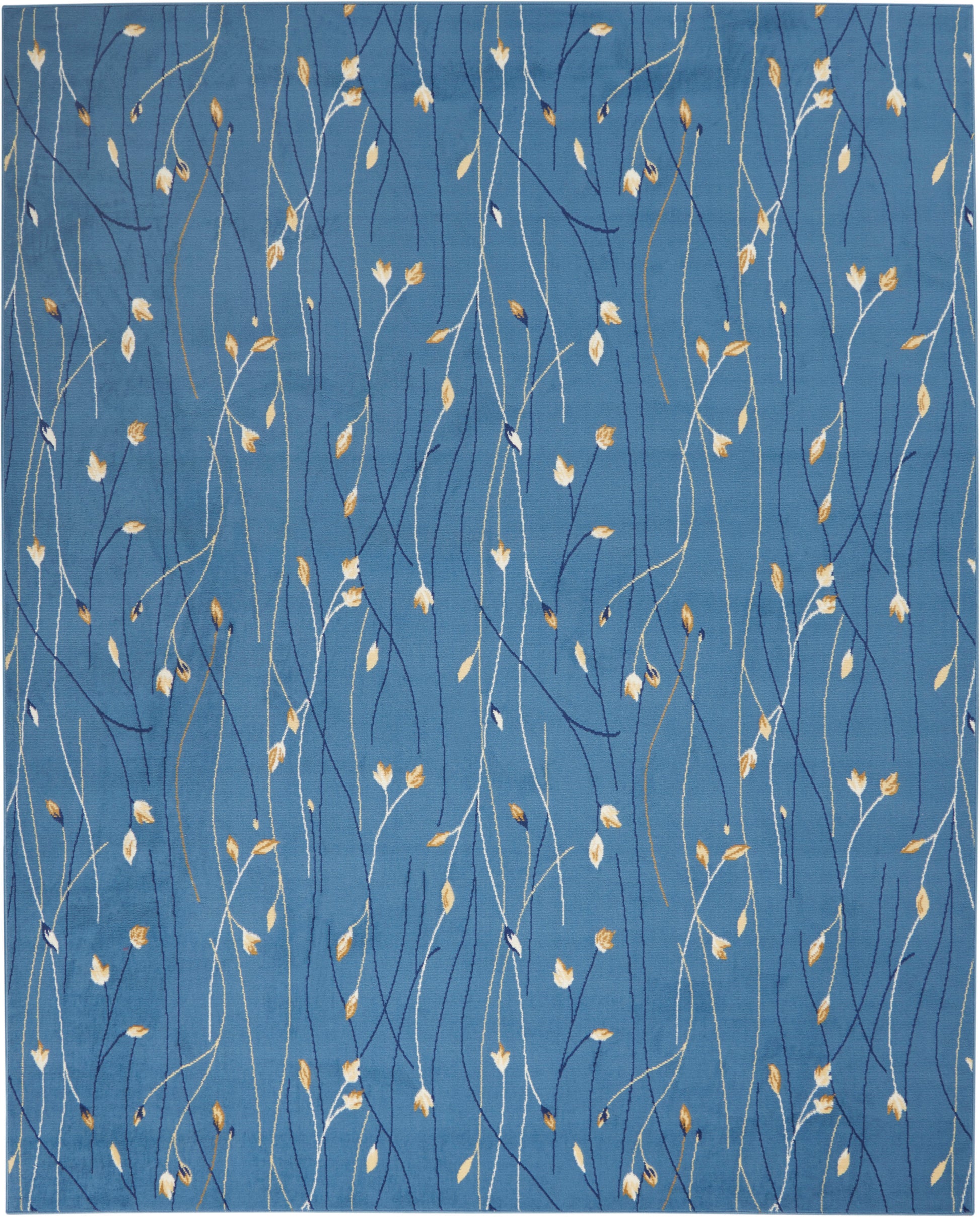 Blue textile rug with sinuous white and navy stems and tiny golden leaves.