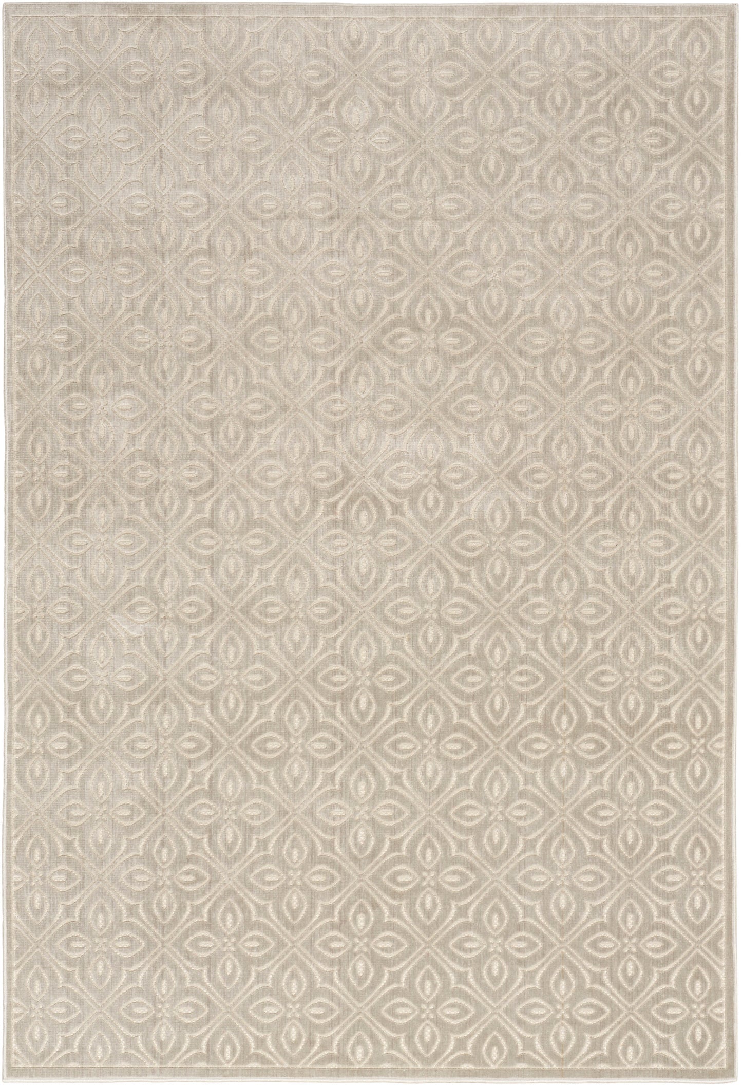 Beige rug with cream geometric lattice of teardrop/oval motifs.