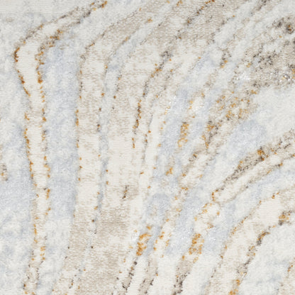 Soft plush area rug with ivory, sky blue and taupe wavy lines and gold accents; contemporary abstract decor.