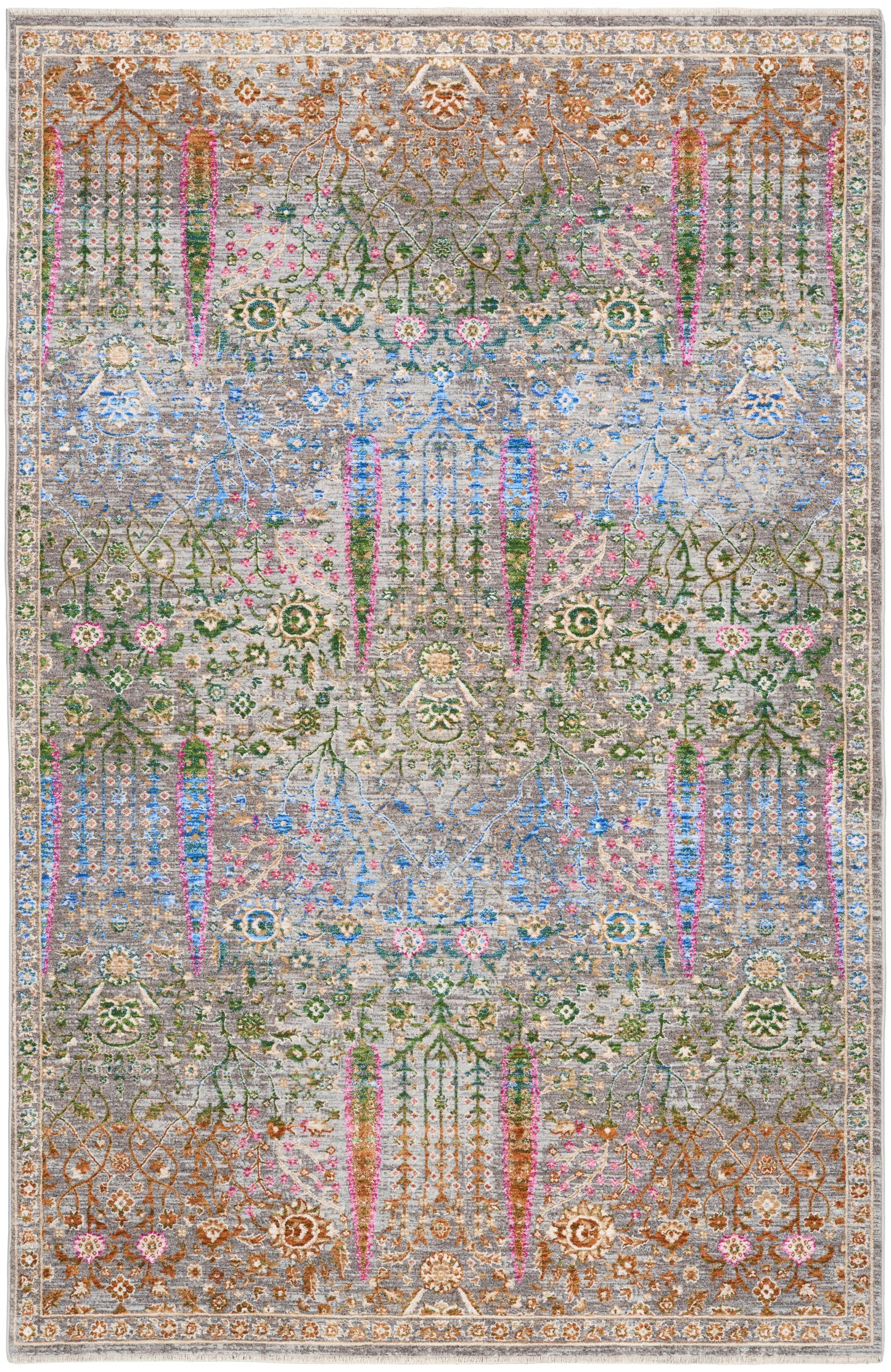 Rectangular area rug with a distressed vintage Persian-inspired motif in a multicolor gradient of blues, pinks, greens, and orange on gray-beige