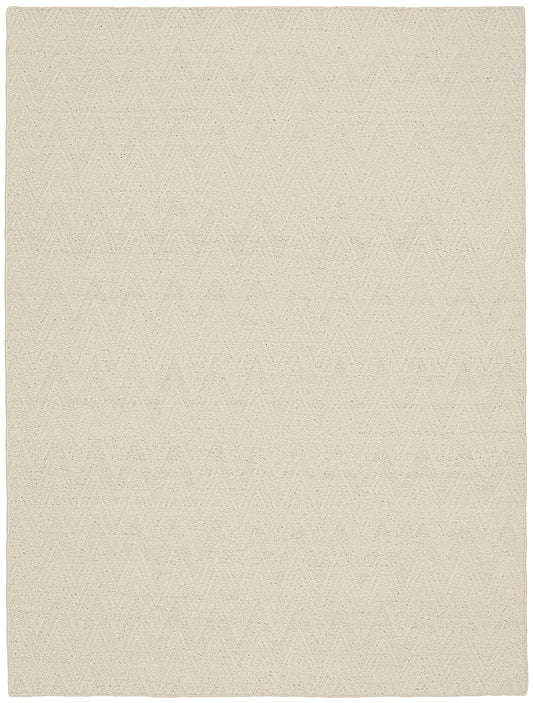 Cream beige flat-weave rug with subtle chevron pattern; natural fiber, versatile for living spaces.