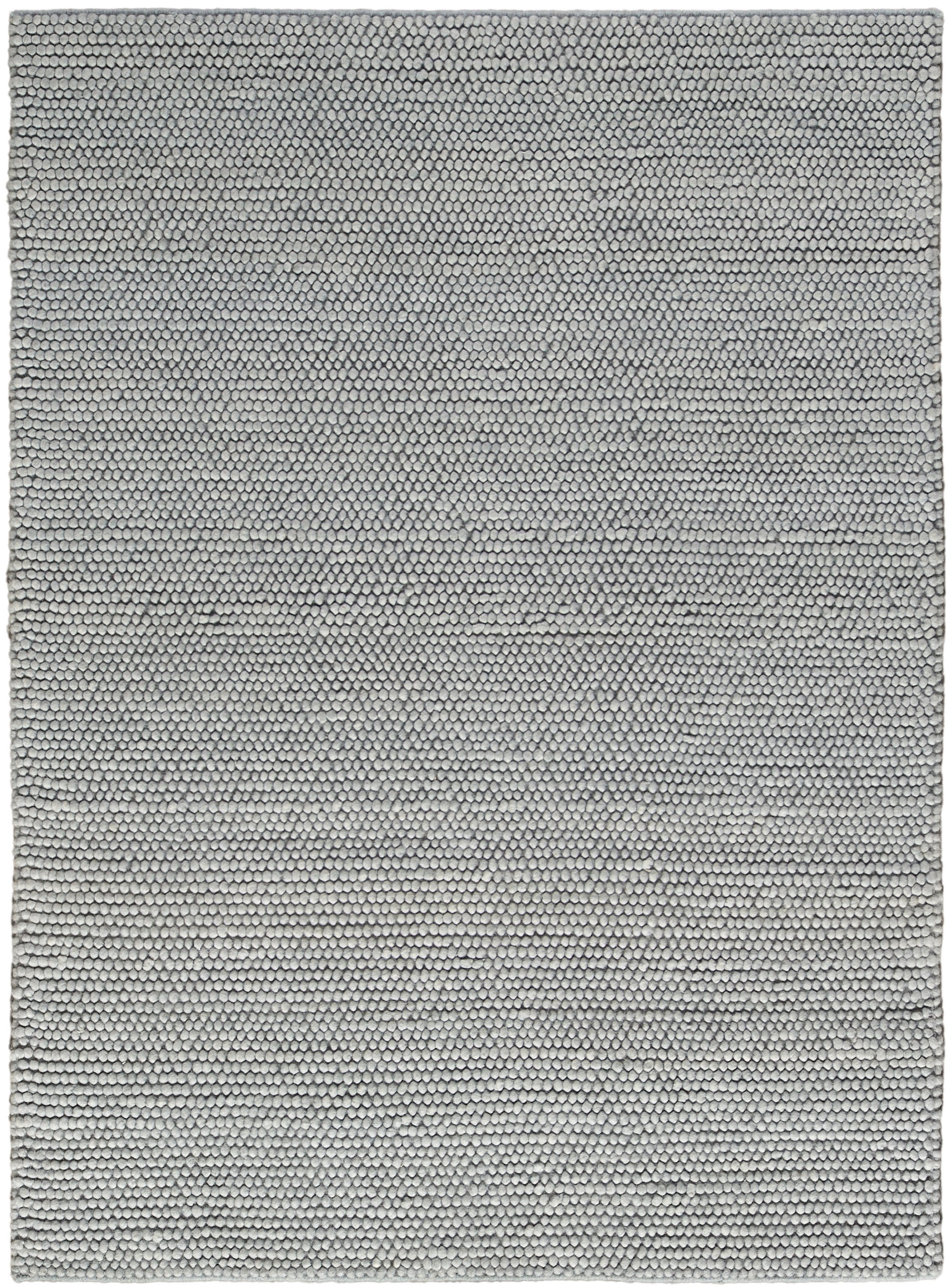 Light gray loop-pile rug with tight textured weave, rectangular, soft modern home decor.