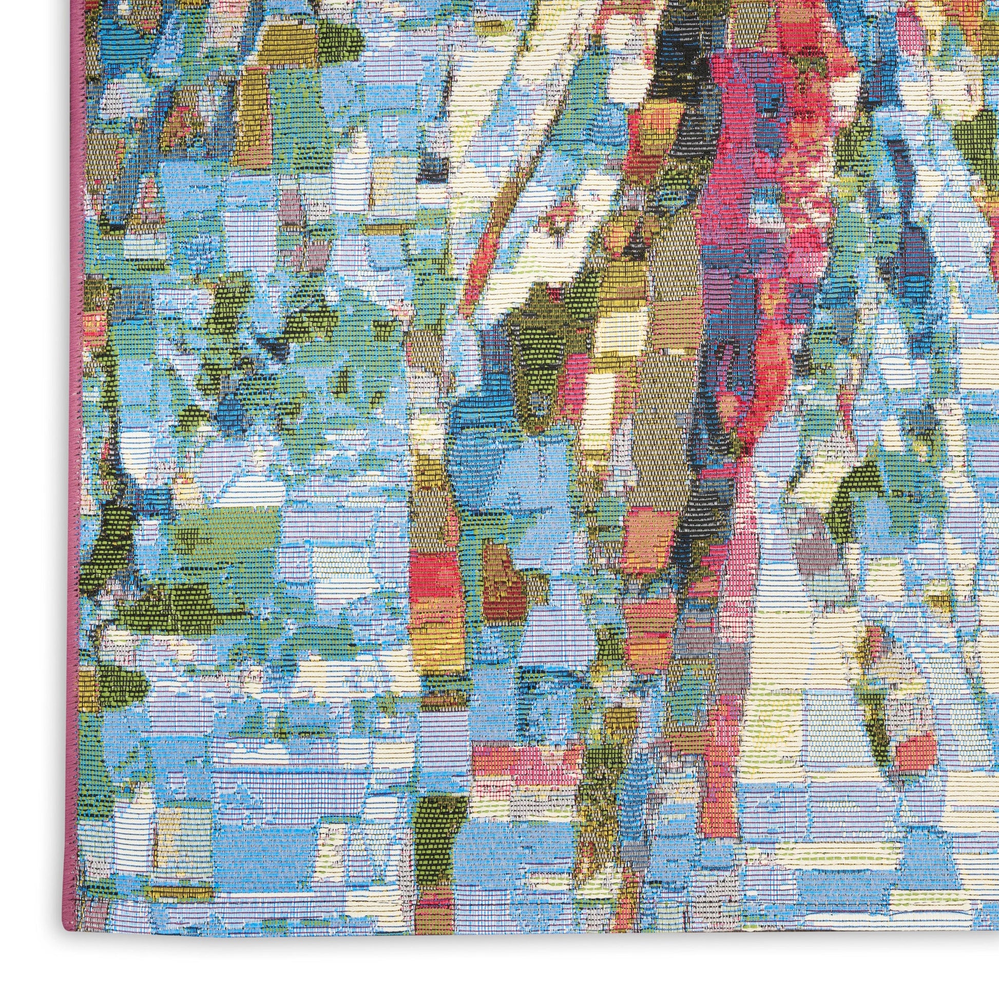 Abstract multicolor mosaic textile tapestry with blues, greens, yellows and pinks; geometric blocks; wall hanging.