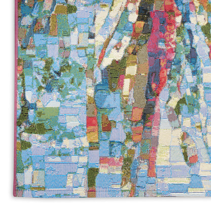 Abstract multicolor mosaic textile tapestry with blues, greens, yellows and pinks; geometric blocks; wall hanging.