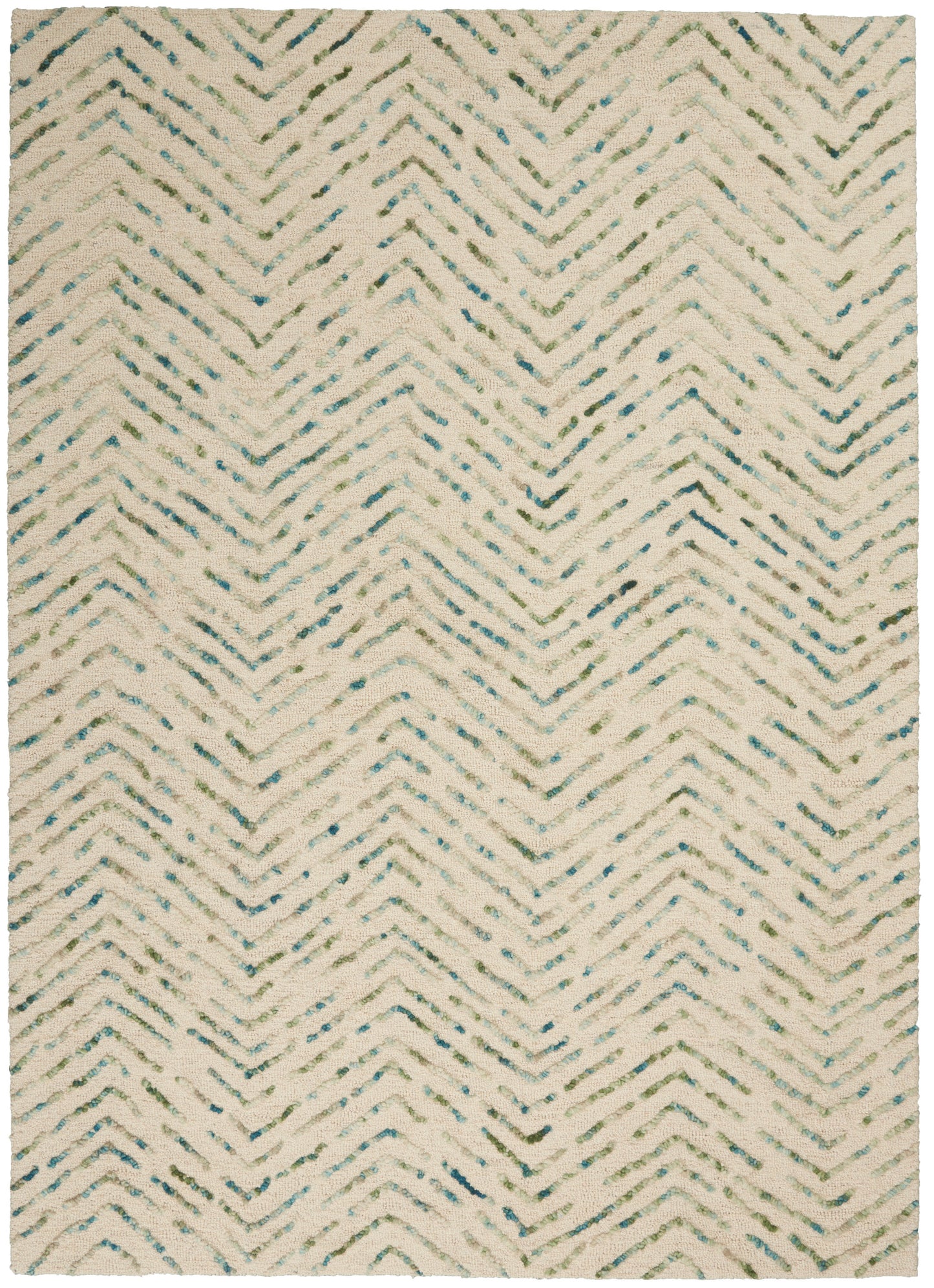 Beige shag rug with blue-green chevron zigzag pattern; plush pile, rectangular, coastal boho style, 4' x 6'.