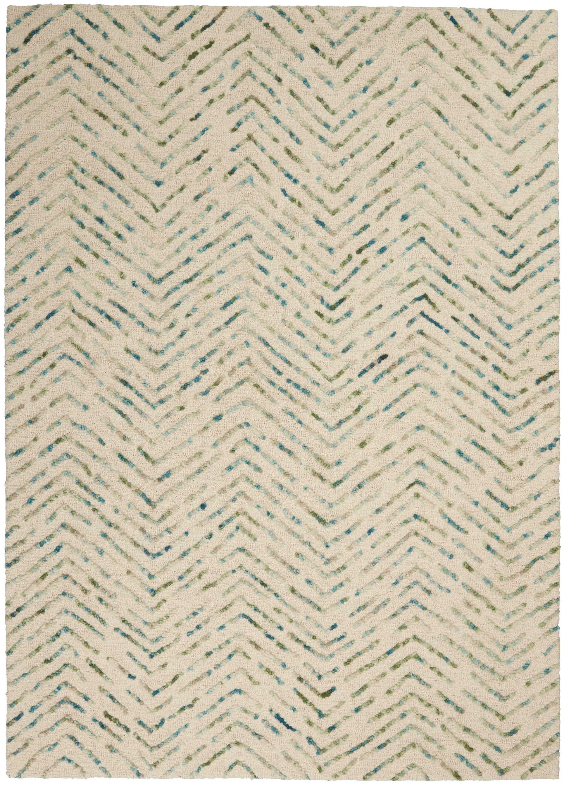 Beige shag rug with blue-green chevron zigzag pattern; plush pile, rectangular, coastal boho style, 4' x 6'.