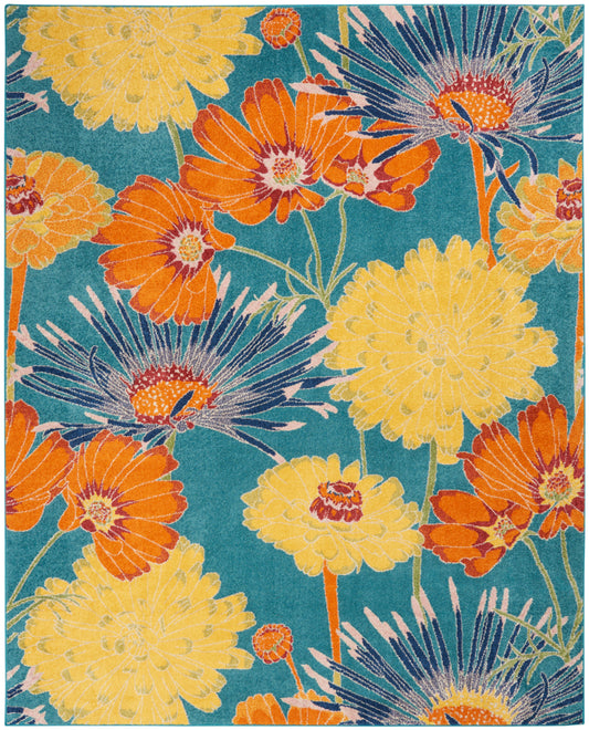 Teal area rug featuring bright yellow and orange flowers with blue accents; tropical floral pattern.