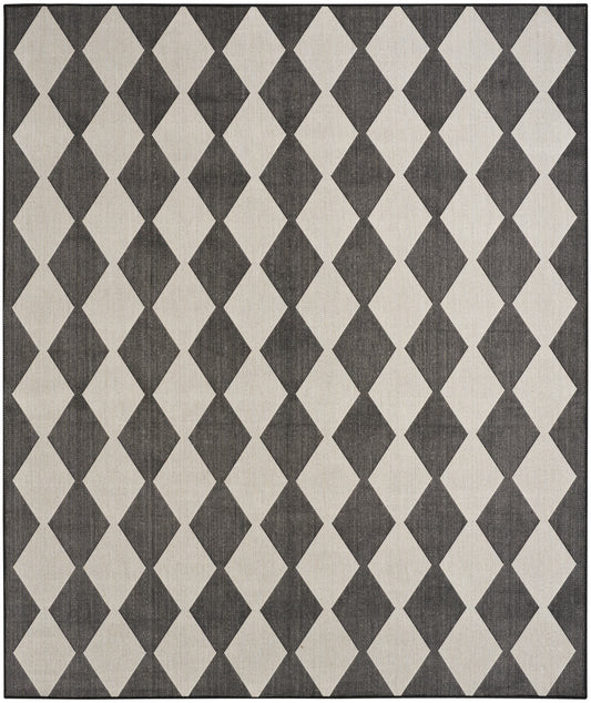 Rectangular rug in dark gray & ivory diamond pattern; woven textile, geometric harlequin design for living room or hallway.