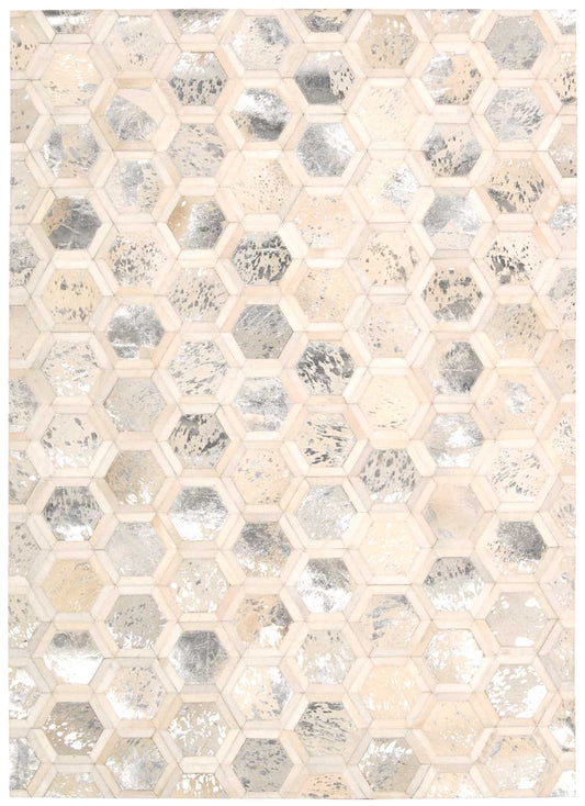 Beige rug with a hexagonal pattern and marble-like distressed texture in ivory, gray & taupe; 5' x 8'.