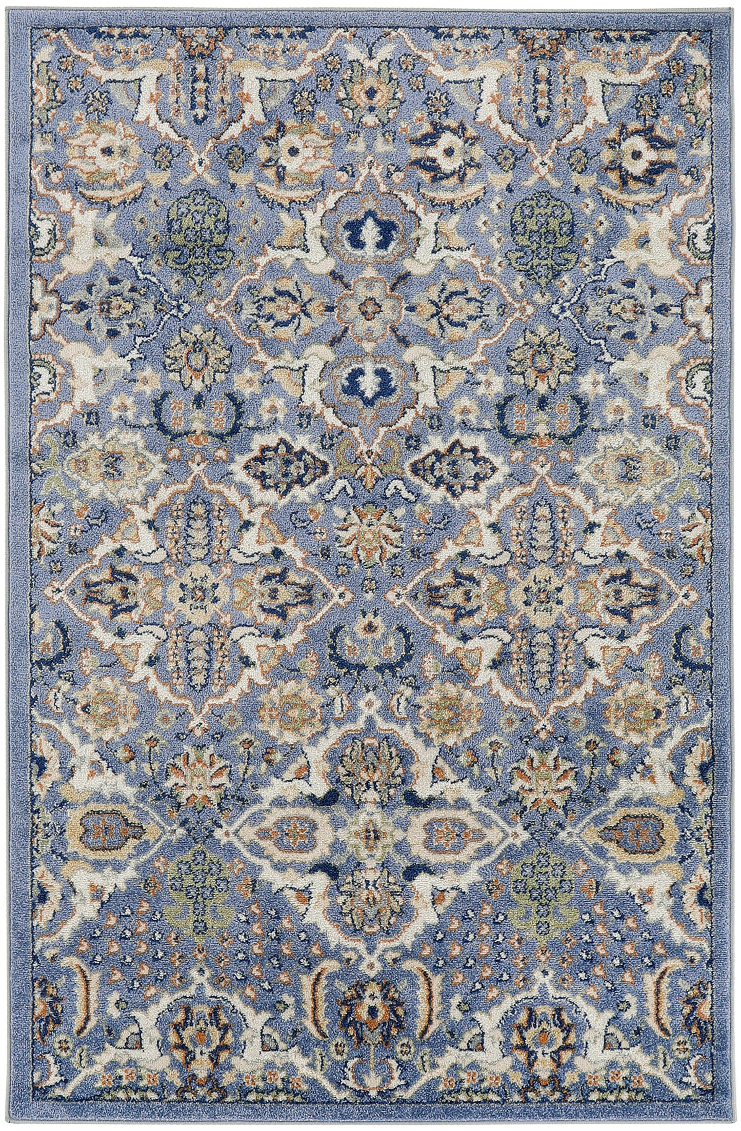 Blue Persian-style area rug with ivory and cream floral motifs, ornate medallions, and subtle border detailing.