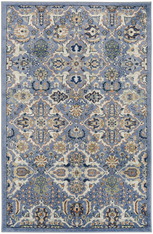 Blue Persian-style area rug with ivory and cream floral motifs, ornate medallions, and subtle border detailing.