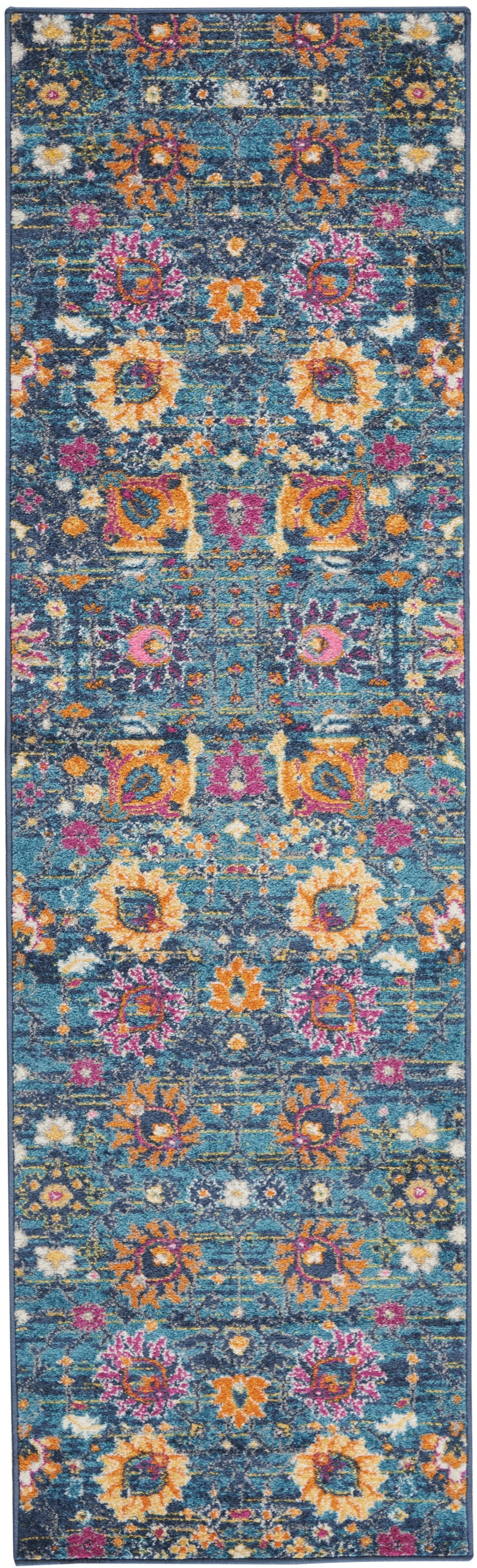 Boho-style runner rug with teal-blue background and vibrant orange, pink, yellow floral medallions.