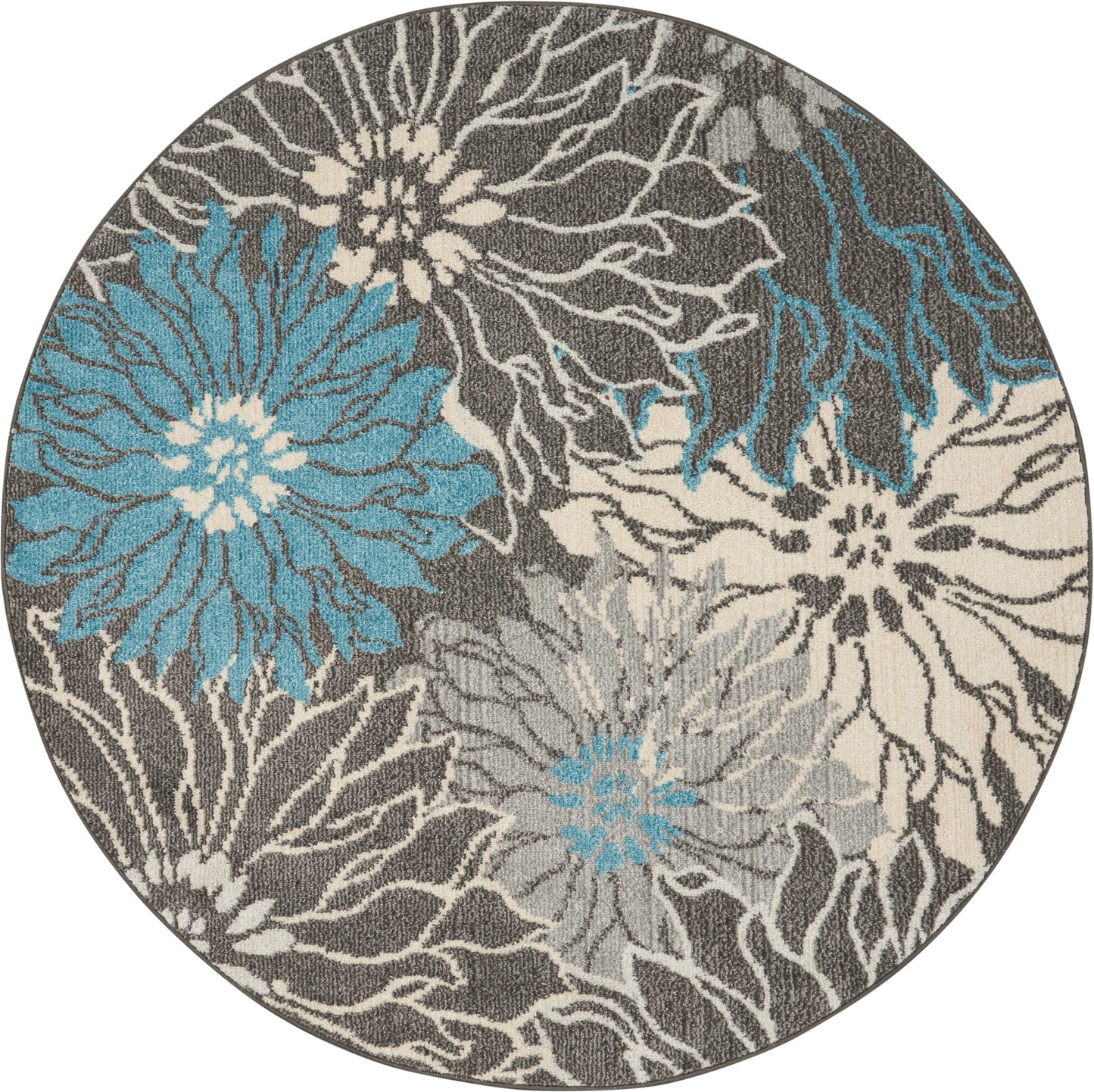 Round rug featuring large turquoise blue and cream flowers on a gray background with textured weave.