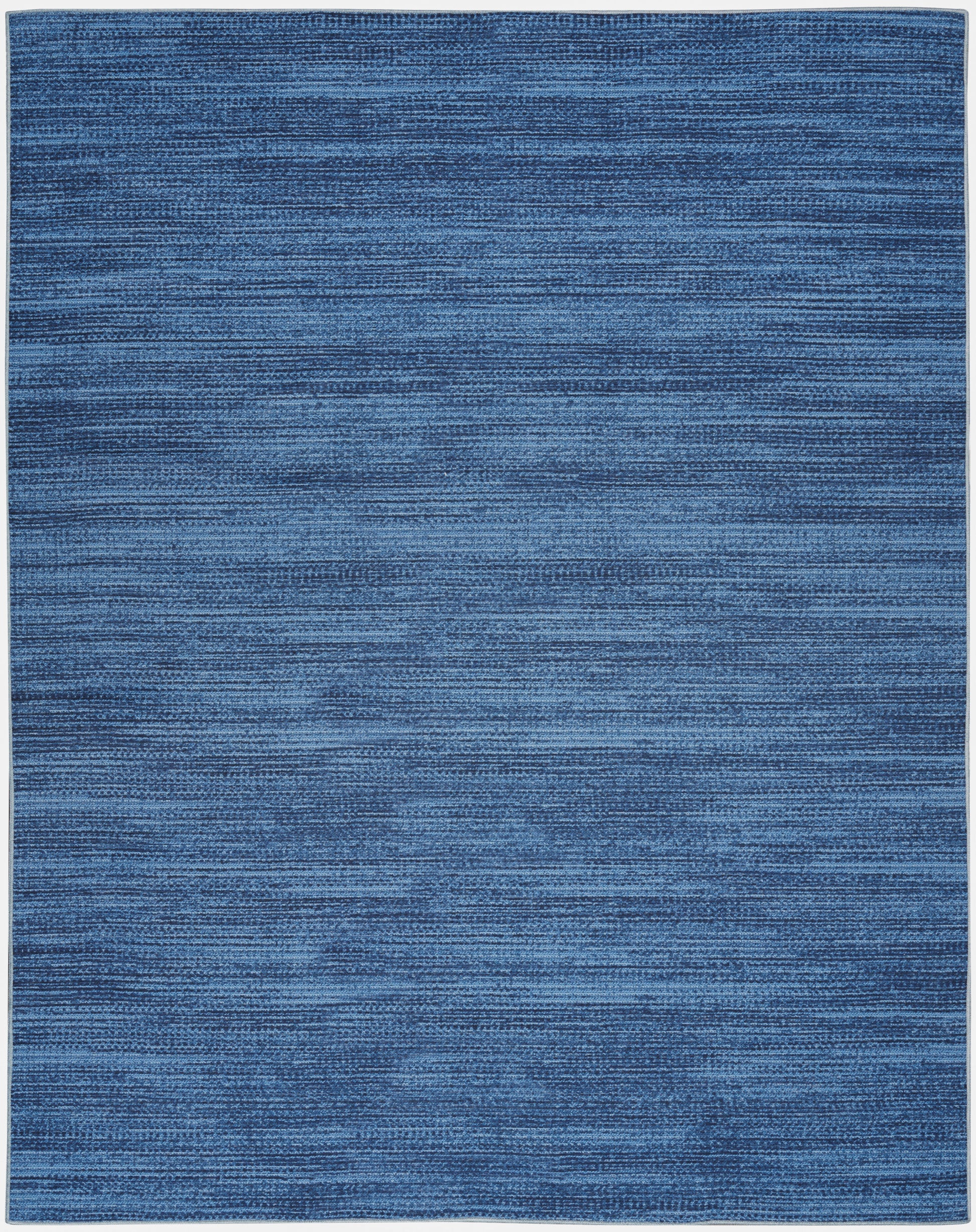 Rectangular blue area rug with subtle horizontal stripe texture and soft woven look.