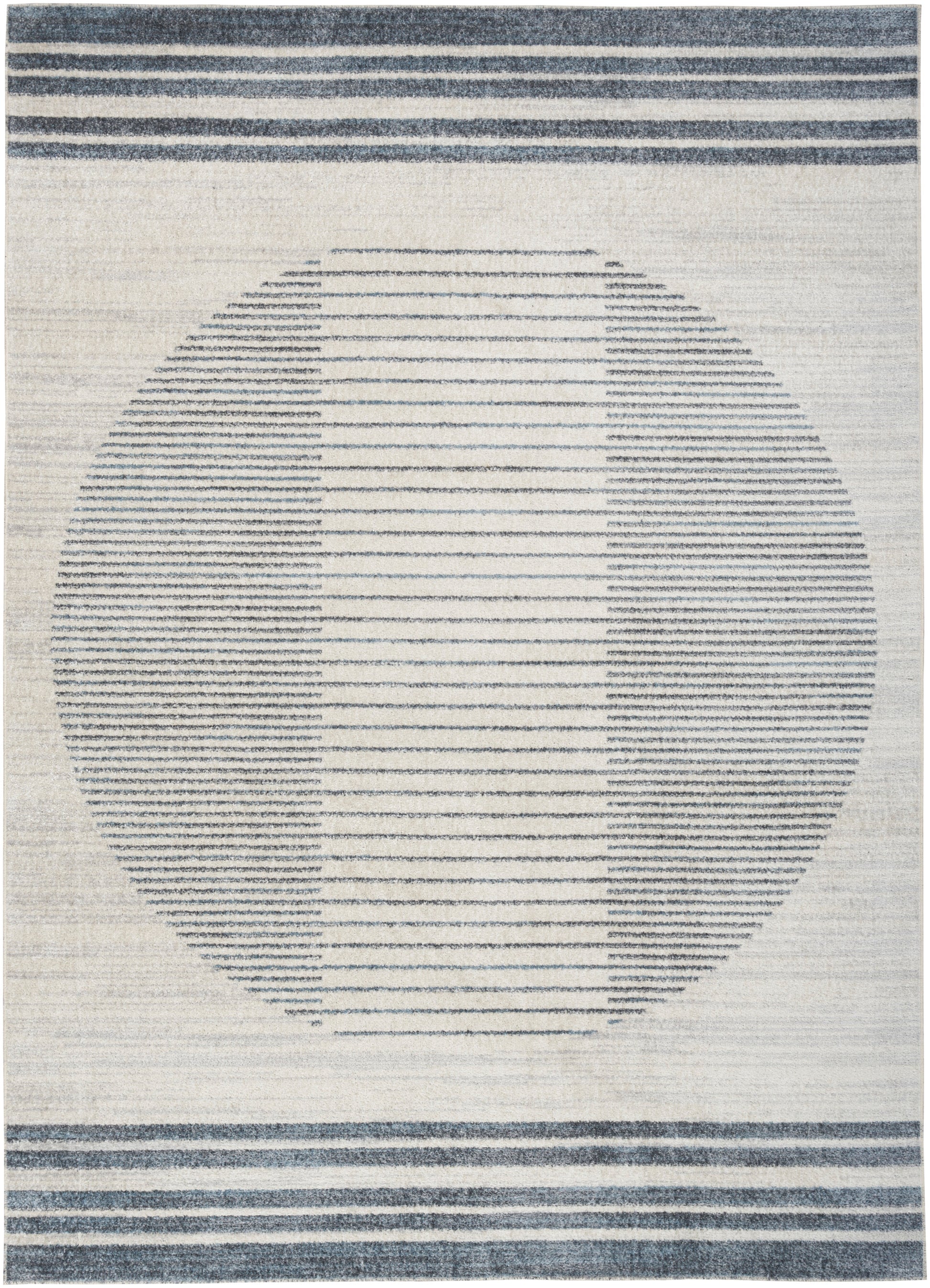 Modern woven rug with cream background and a large blue striped circle; navy border stripes at top and bottom.