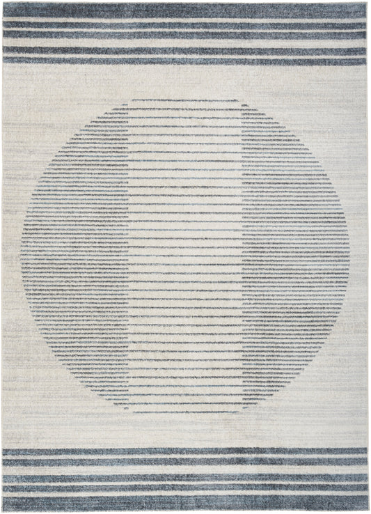 Modern woven rug with cream background and a large blue striped circle; navy border stripes at top and bottom.