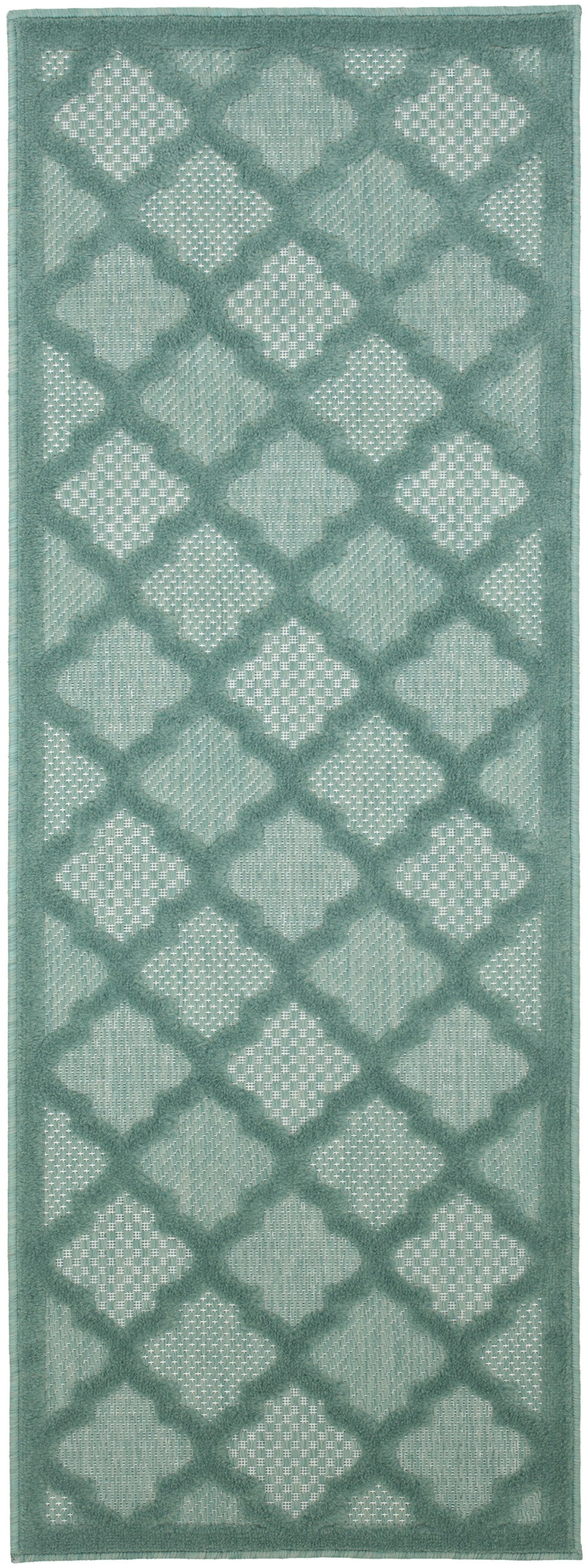 Teal geometric rug runner with diamond lattice & quatrefoil motifs; soft, textured pile for hallway & foyer.