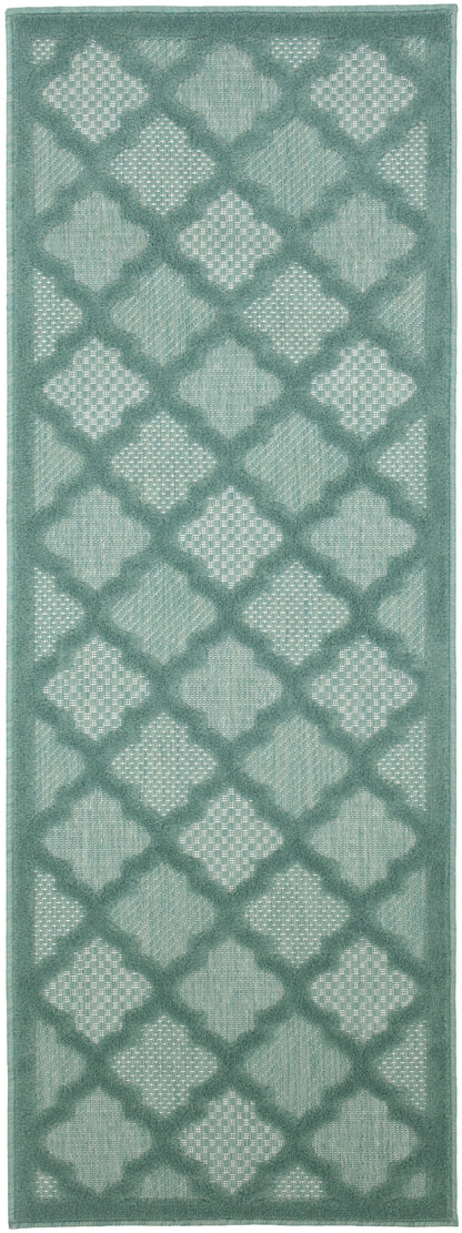 Teal geometric rug runner with diamond lattice & quatrefoil motifs; soft, textured pile for hallway & foyer.