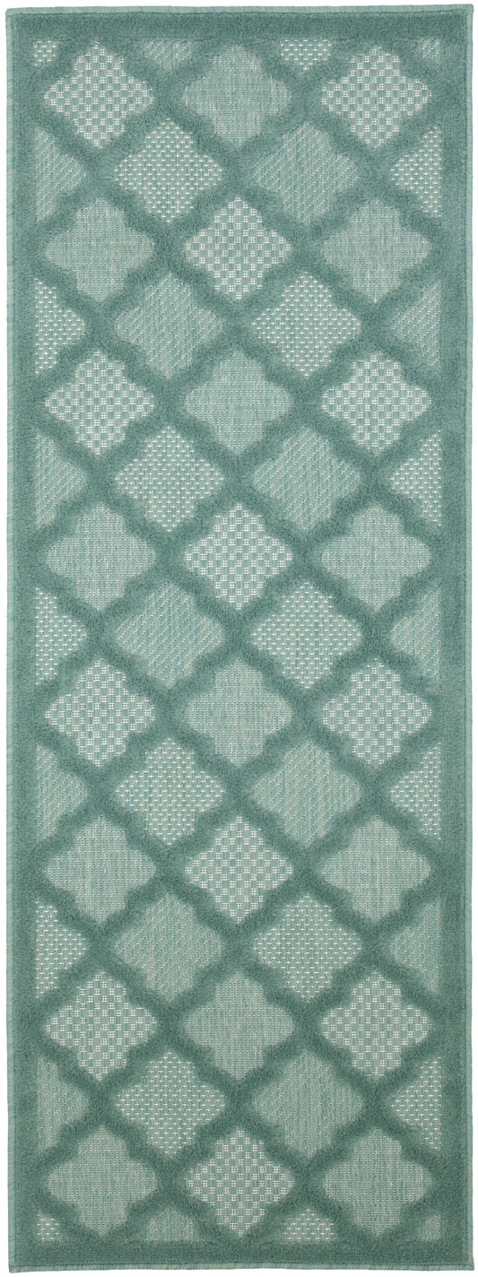 Teal geometric rug runner with diamond lattice & quatrefoil motifs; soft, textured pile for hallway & foyer.