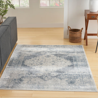 Gray-blue distressed area rug with faded central medallion pattern, rectangular soft-pile, in a bright living room.