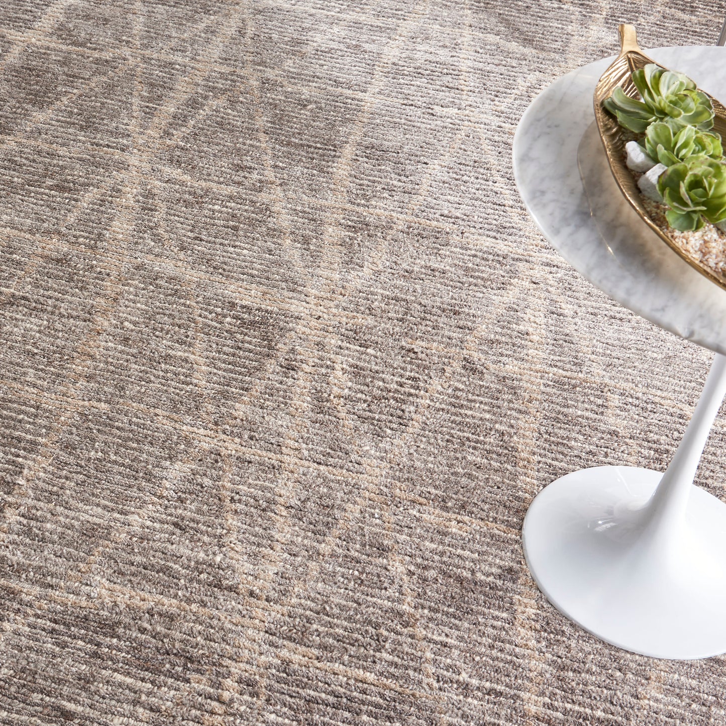 Gray patterned rug with a white marble-topped pedestal table holding a green succulent planter.