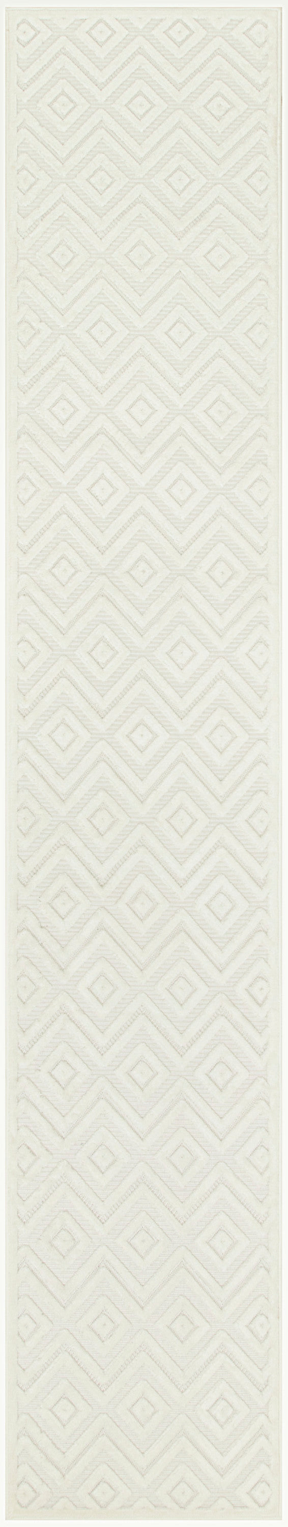 Ivory geometric diamond chevron patterned rug runner with textured weave, long narrow hallway rug.