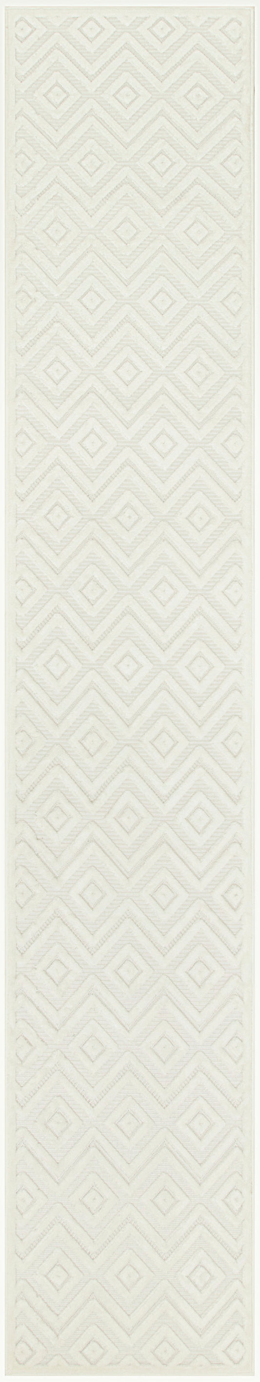 Ivory geometric diamond chevron patterned rug runner with textured weave, long narrow hallway rug.