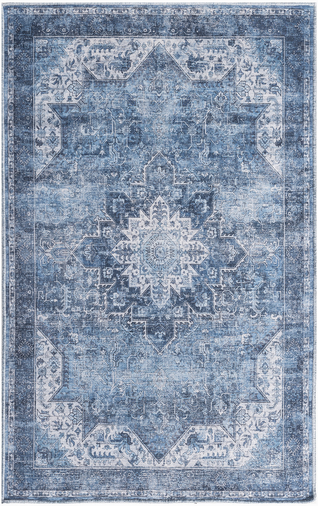 Blue distressed oriental rug with central medallion and intricate borders; vintage Persian-inspired rectangular area rug