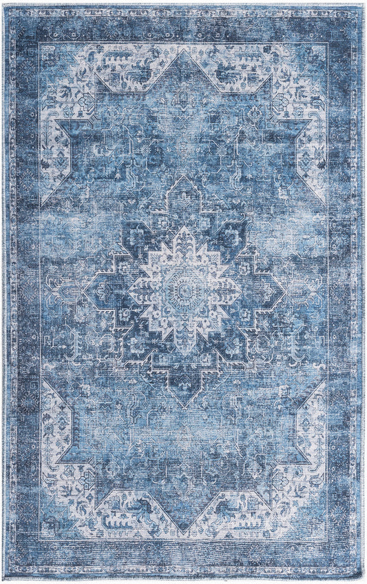 Blue distressed oriental rug with central medallion and intricate borders; vintage Persian-inspired rectangular area rug