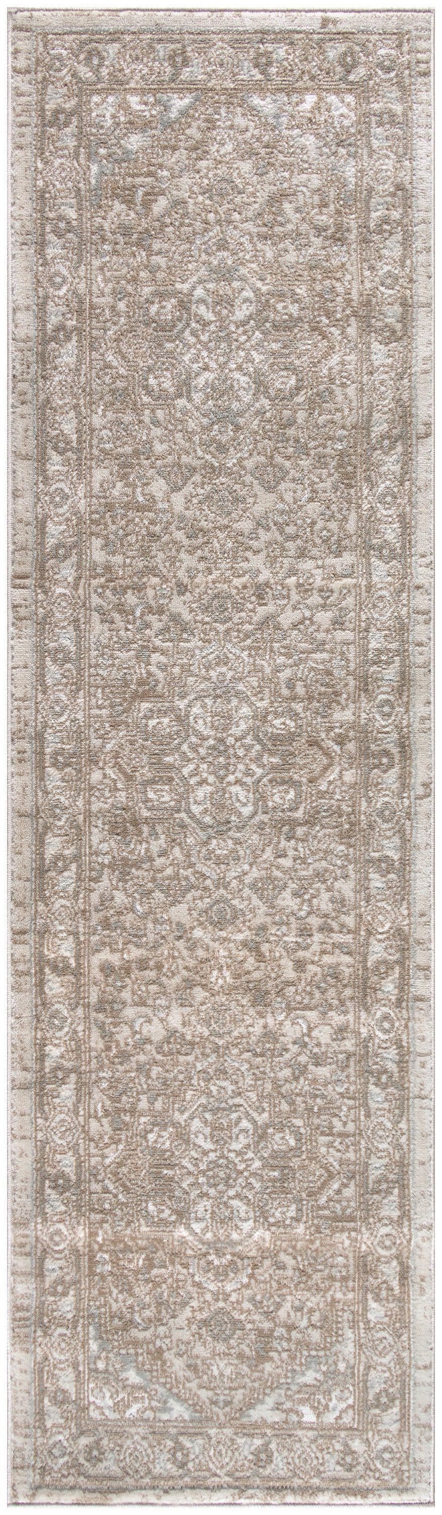Beige Persian-style rug runner with ivory floral border and intricate central pattern.