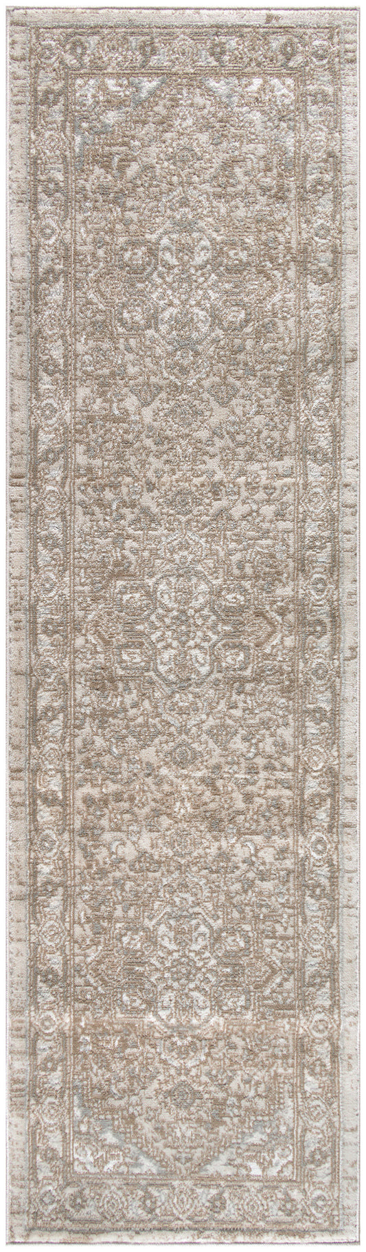 Beige Persian-style rug runner with ivory floral border and intricate central pattern.