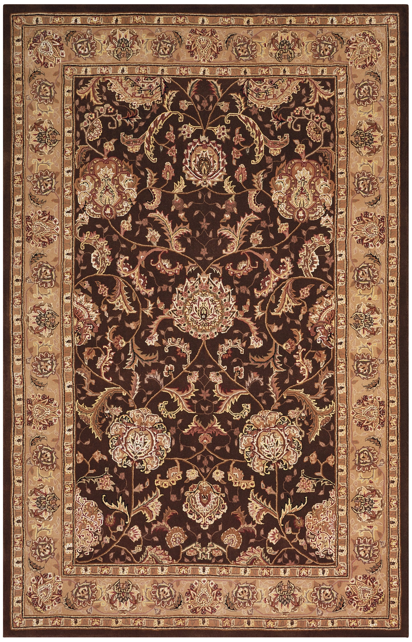 Persian-style rug with dark brown central field, ivory-gold floral vines, and a beige ornate border.