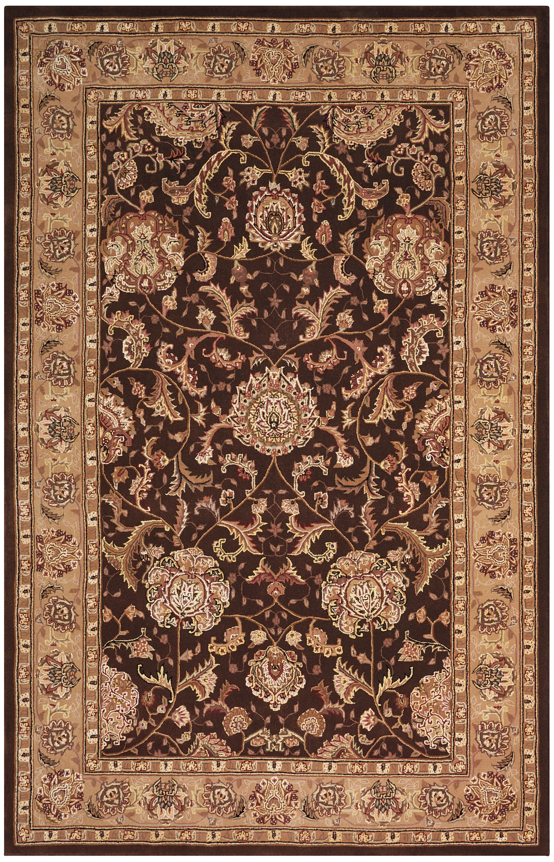 Persian-style rug with dark brown central field, ivory-gold floral vines, and a beige ornate border.