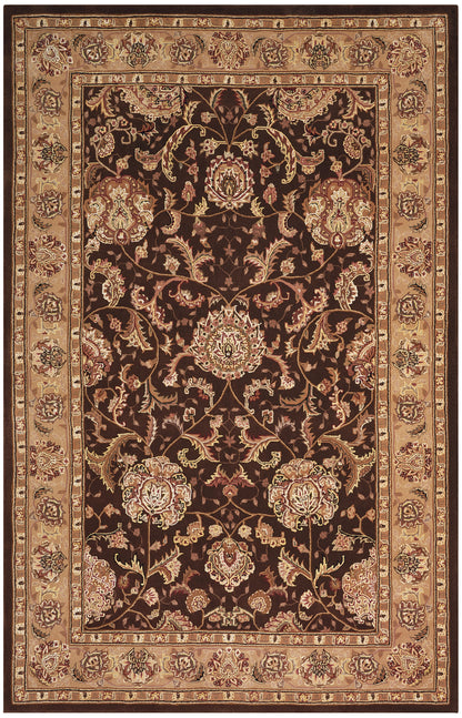 Persian-style rug with dark brown central field, ivory-gold floral vines, and a beige ornate border.