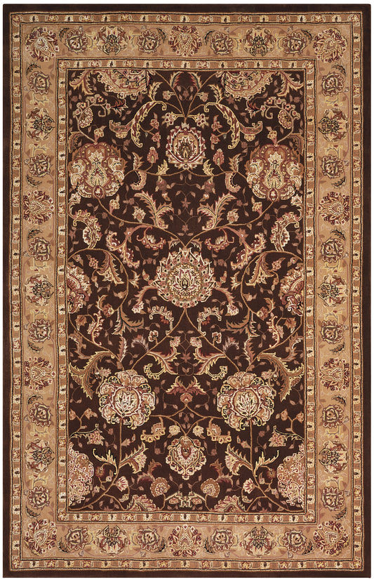 Persian-style rug with dark brown central field, ivory-gold floral vines, and a beige ornate border.
