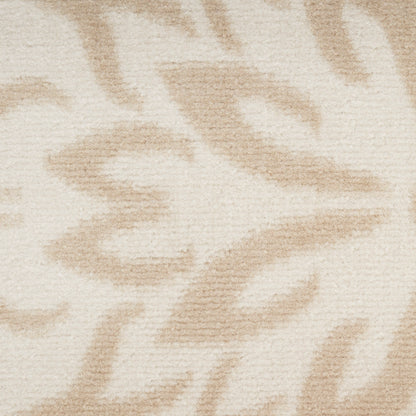 Cream-beige plush rug with a subtle taupe abstract leaf pattern; cozy living-room textile.