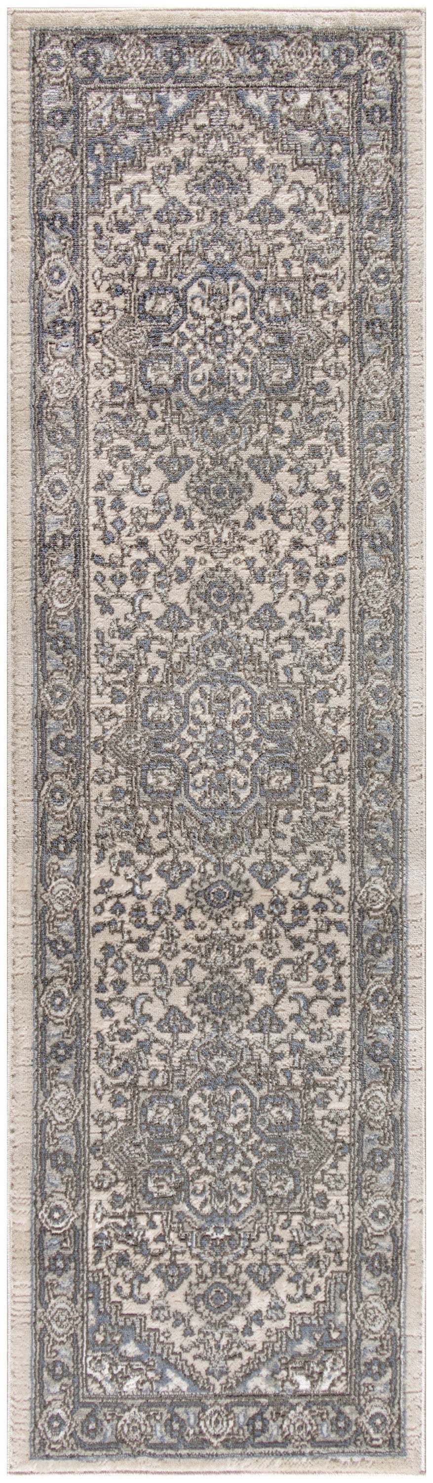 Persian-style runner rug with ivory, gray & blue tones; allover damask floral pattern & decorative border.