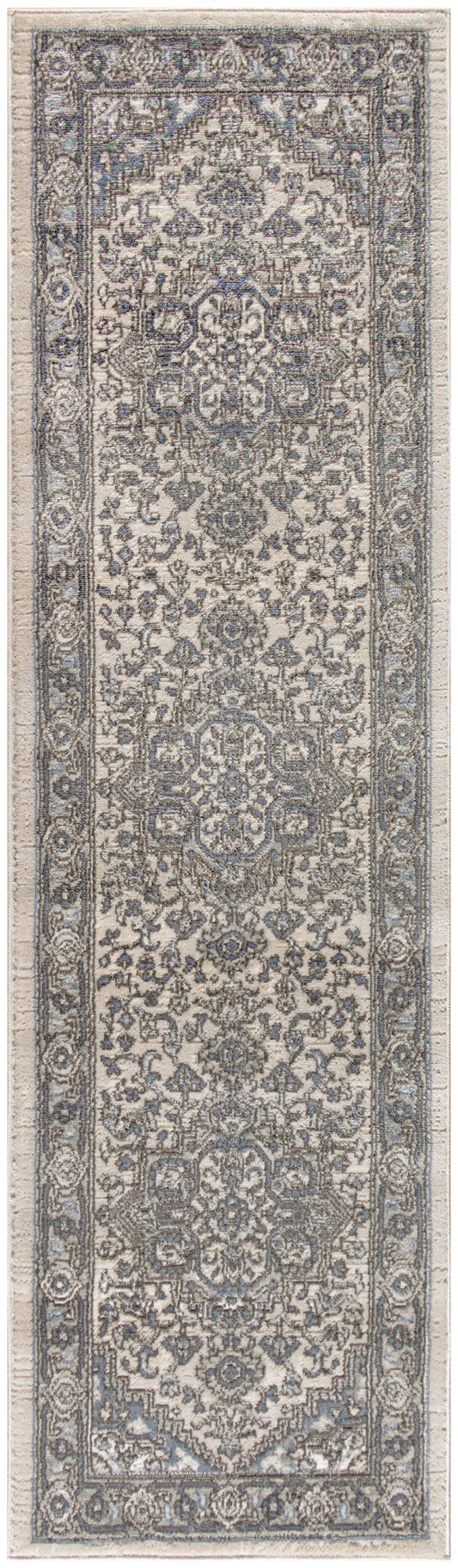 Persian-style runner rug with ivory, gray & blue tones; allover damask floral pattern & decorative border.