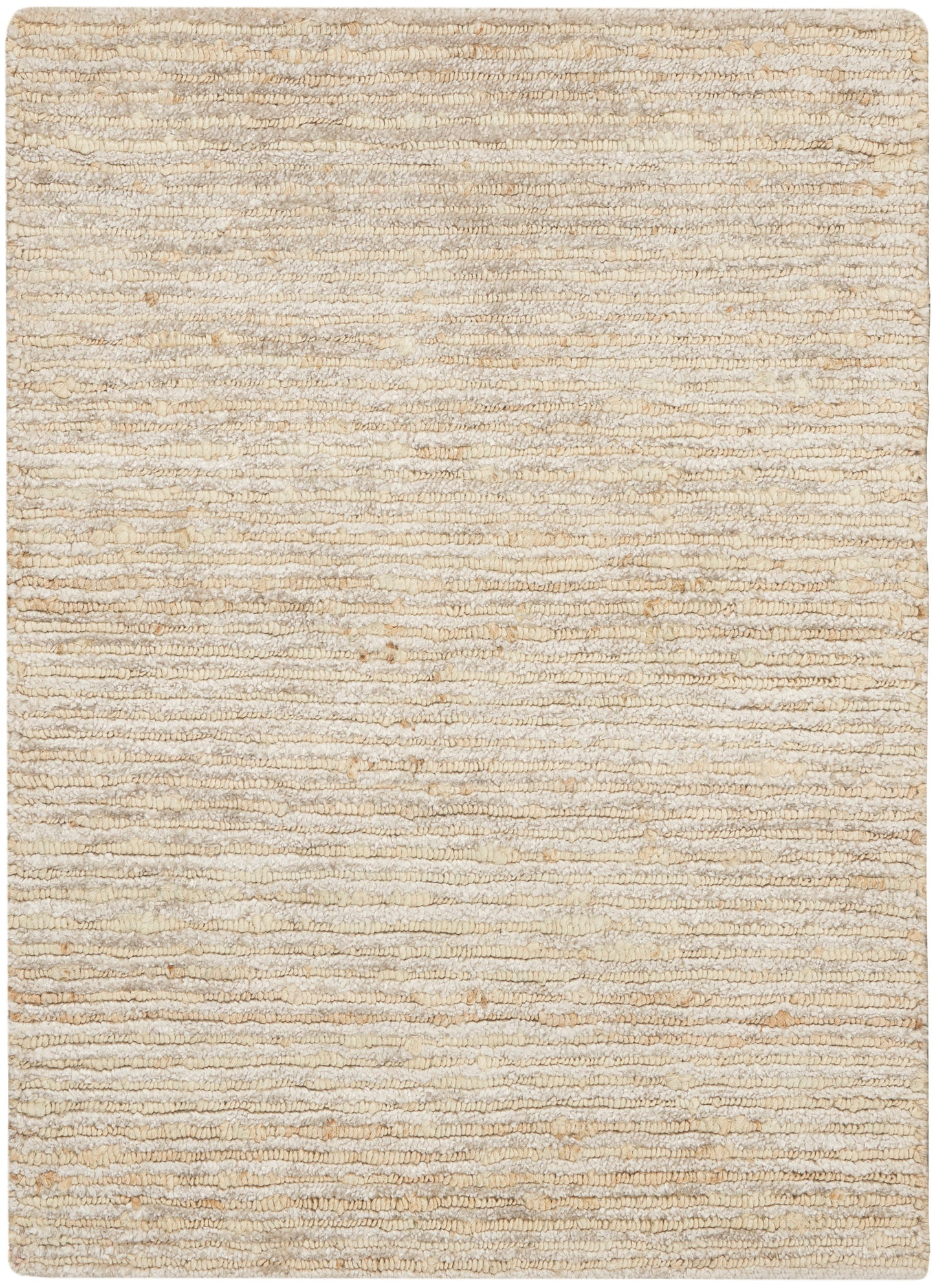 Beige neutral area rug with cream stripes and a soft looped pile.