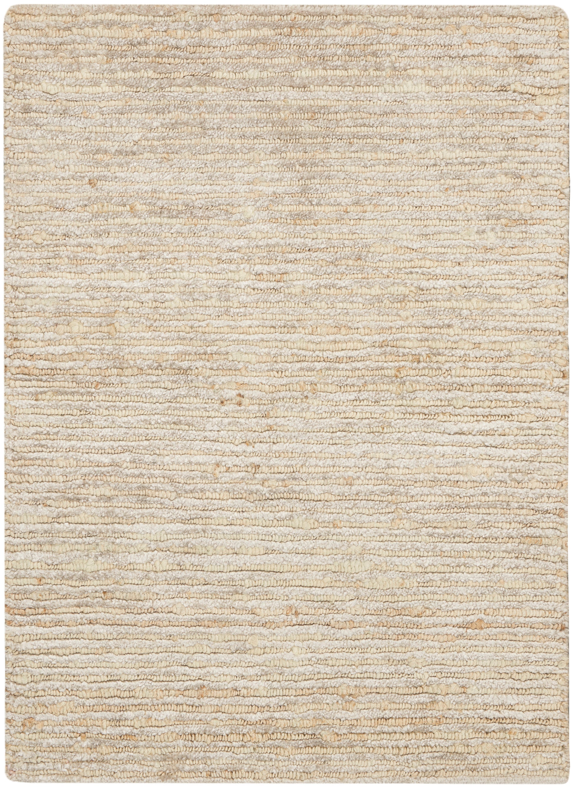 Beige neutral area rug with cream stripes and a soft looped pile.